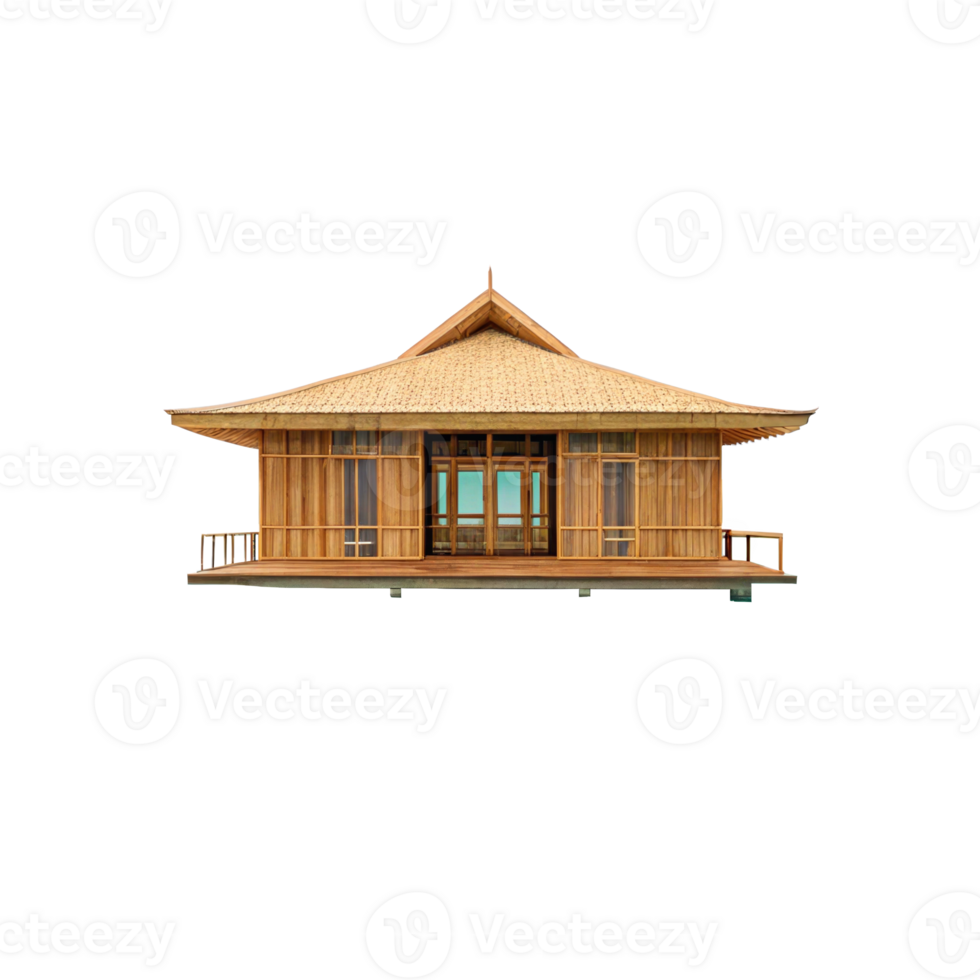 Floating bamboo eco hotel on turquoise lagoon on transparent background png