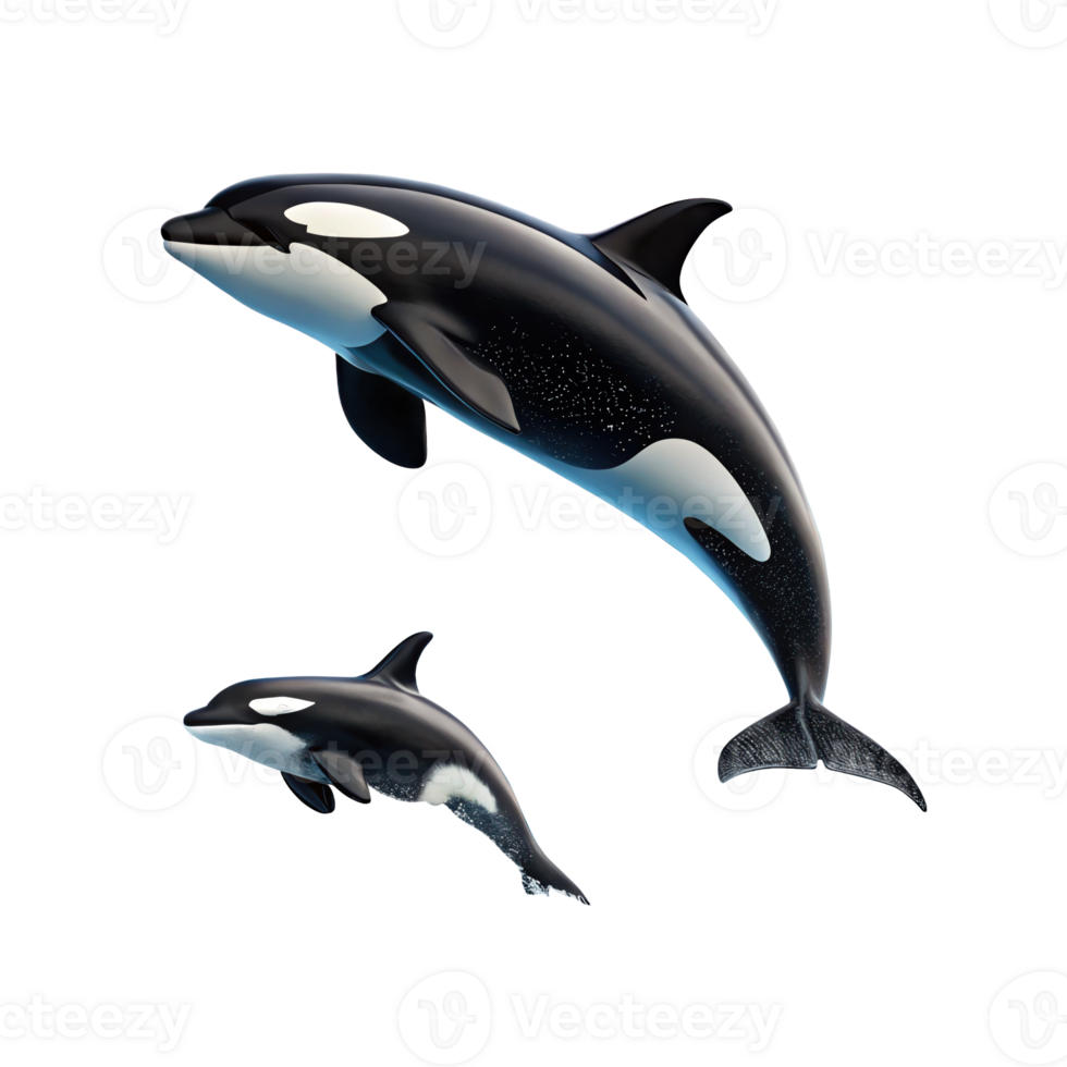 Orca mother and calf breaching on transparent background png