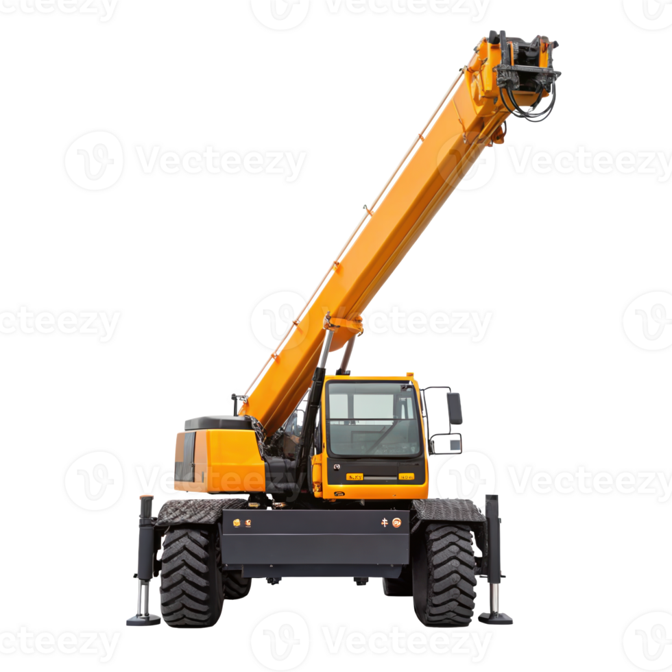 Yellow telescopic boom crane extending on transparent background png