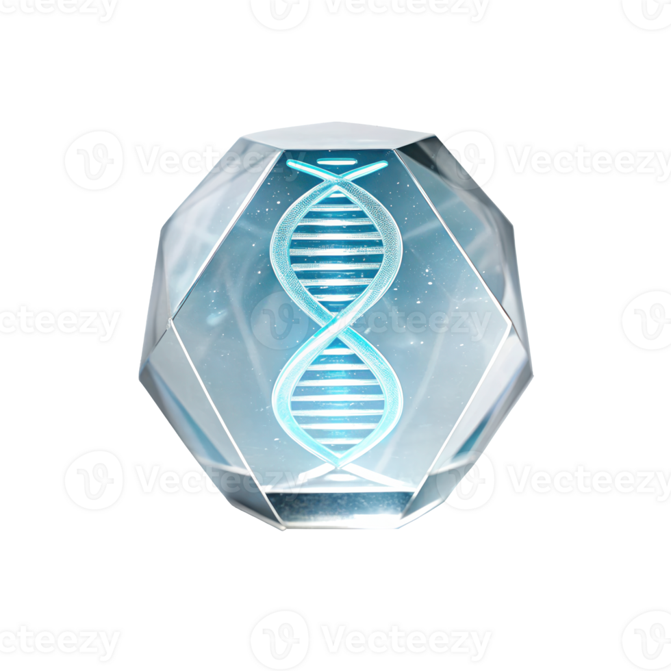 Crystal polyhedron protecting glowing dna double helix on transparent background png