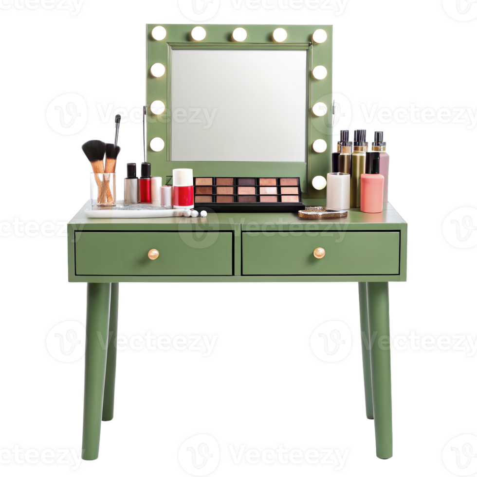 Green vanity table with lighted mirror and makeup on transparent background png