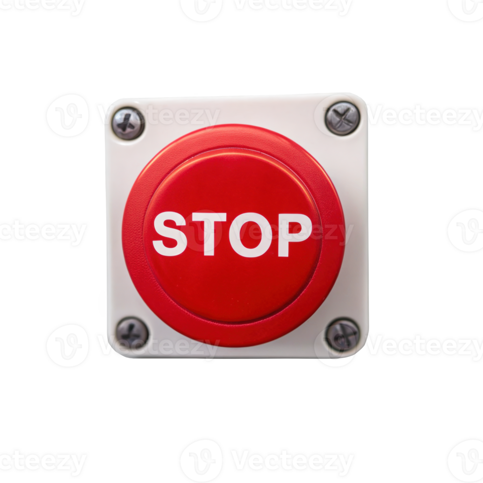 Red emergency stop button on transparent background for industrial machinery iso standard png