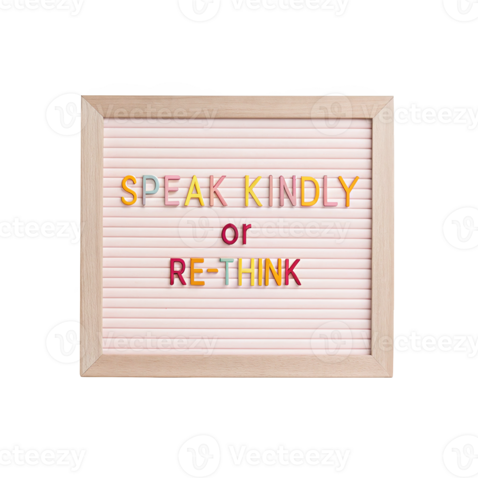 Pink letter board showing speak kindly or re think on transparent background png