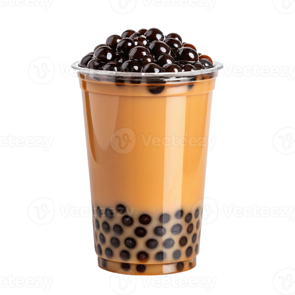 Bubble tea overflowing with tapioca pearls on transparent background png