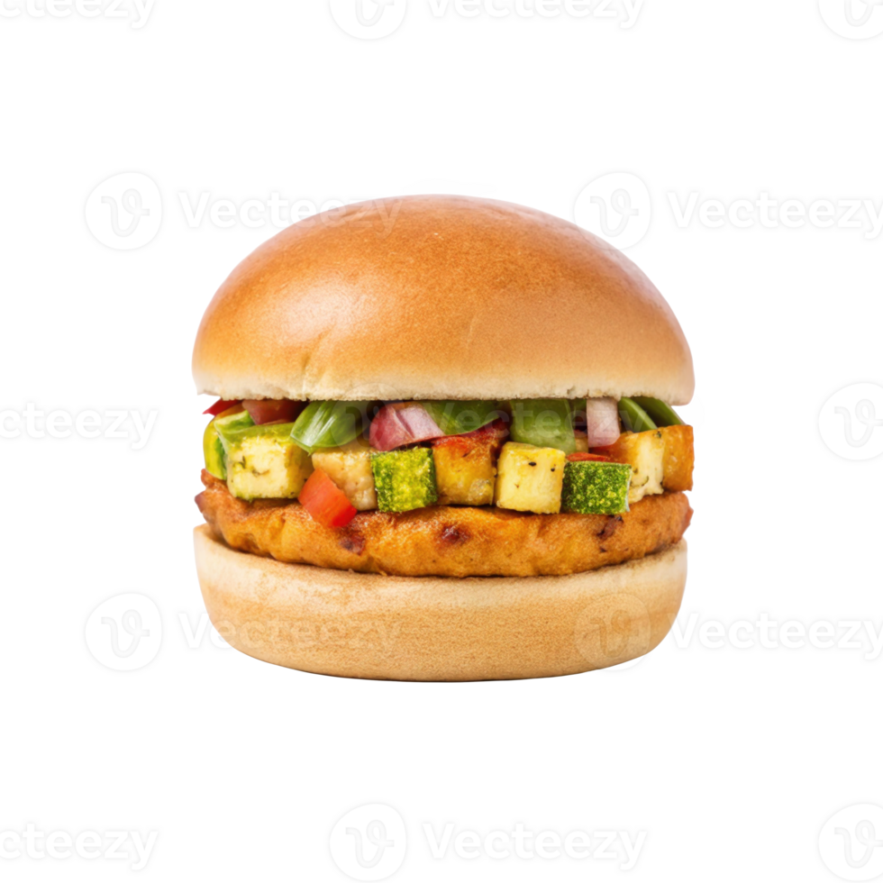 Delicious vegetarian burger with paneer, vegetables, and yogurt marinade on transparent background png