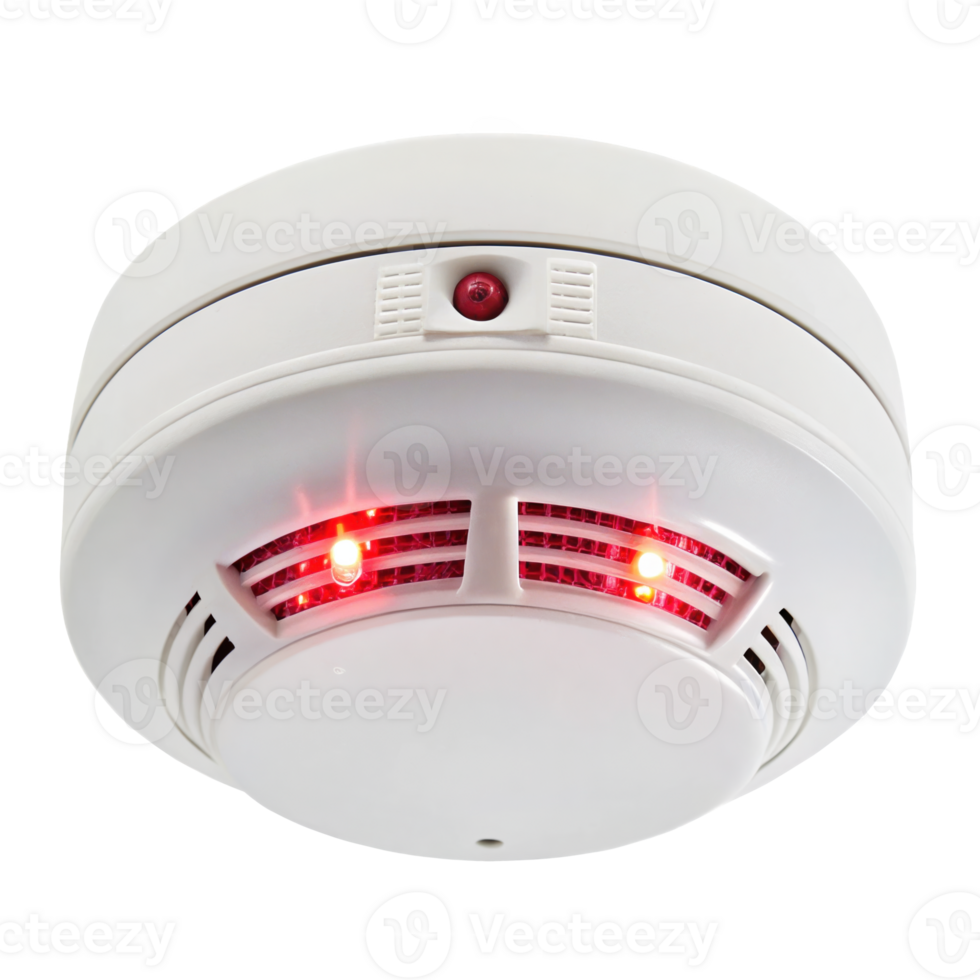 Smoke detector emitting alarm and led flash on transparent background png