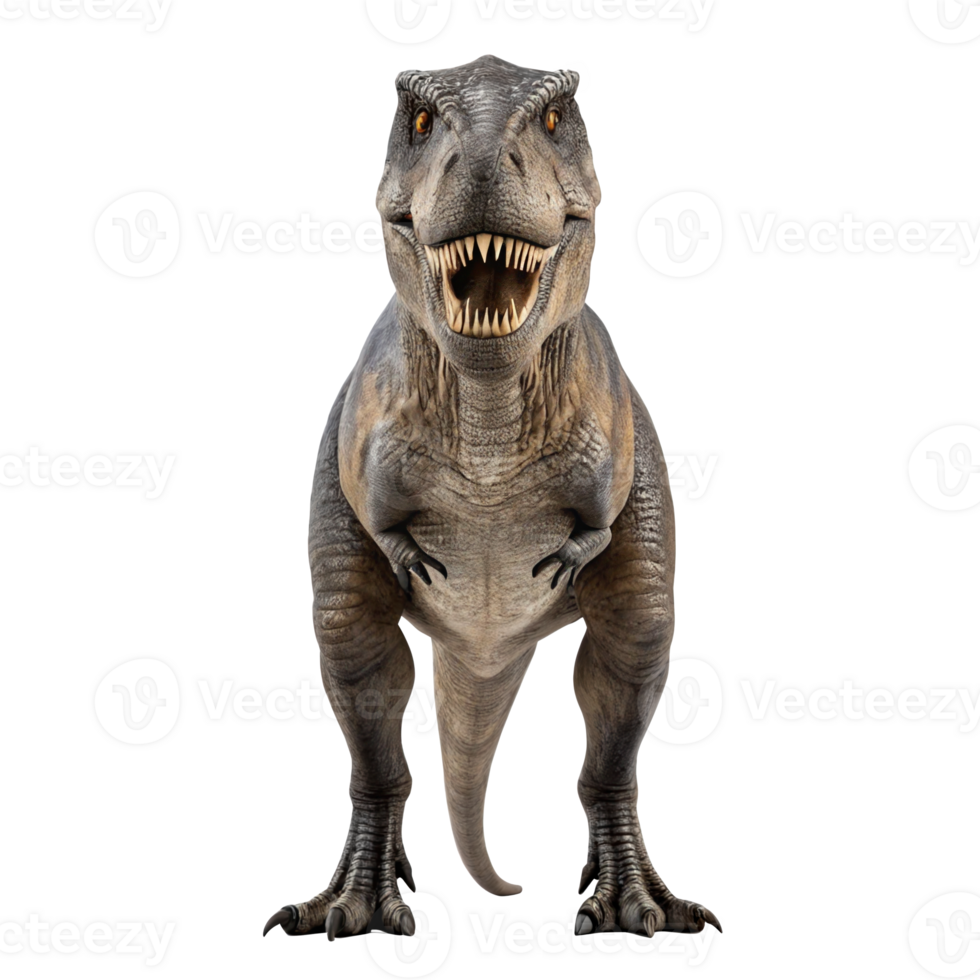 Tyrannosaurus rex roaring showing teeth and claws on transparent background png