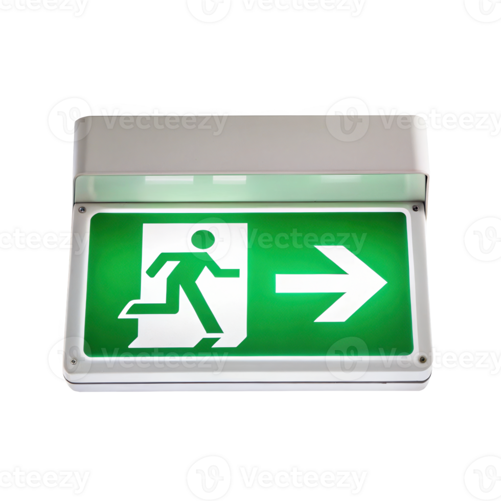 Illuminated green emergency exit sign showing running man and arrow on transparent background png