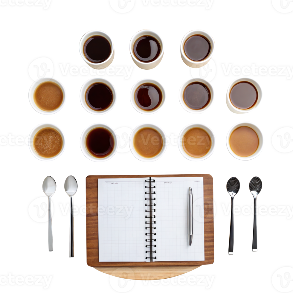 Coffee cupping evaluation table with notebook and spoons on transparent background png