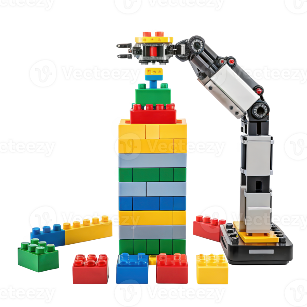 Robotic arm building knowledge tower with toy bricks on transparent background png