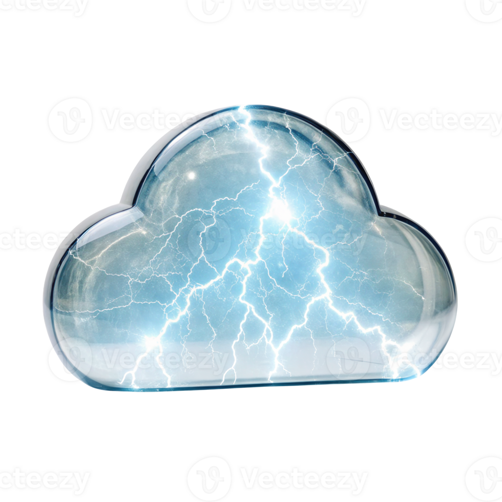 Cloud computing data crystal with lightning on transparent background png