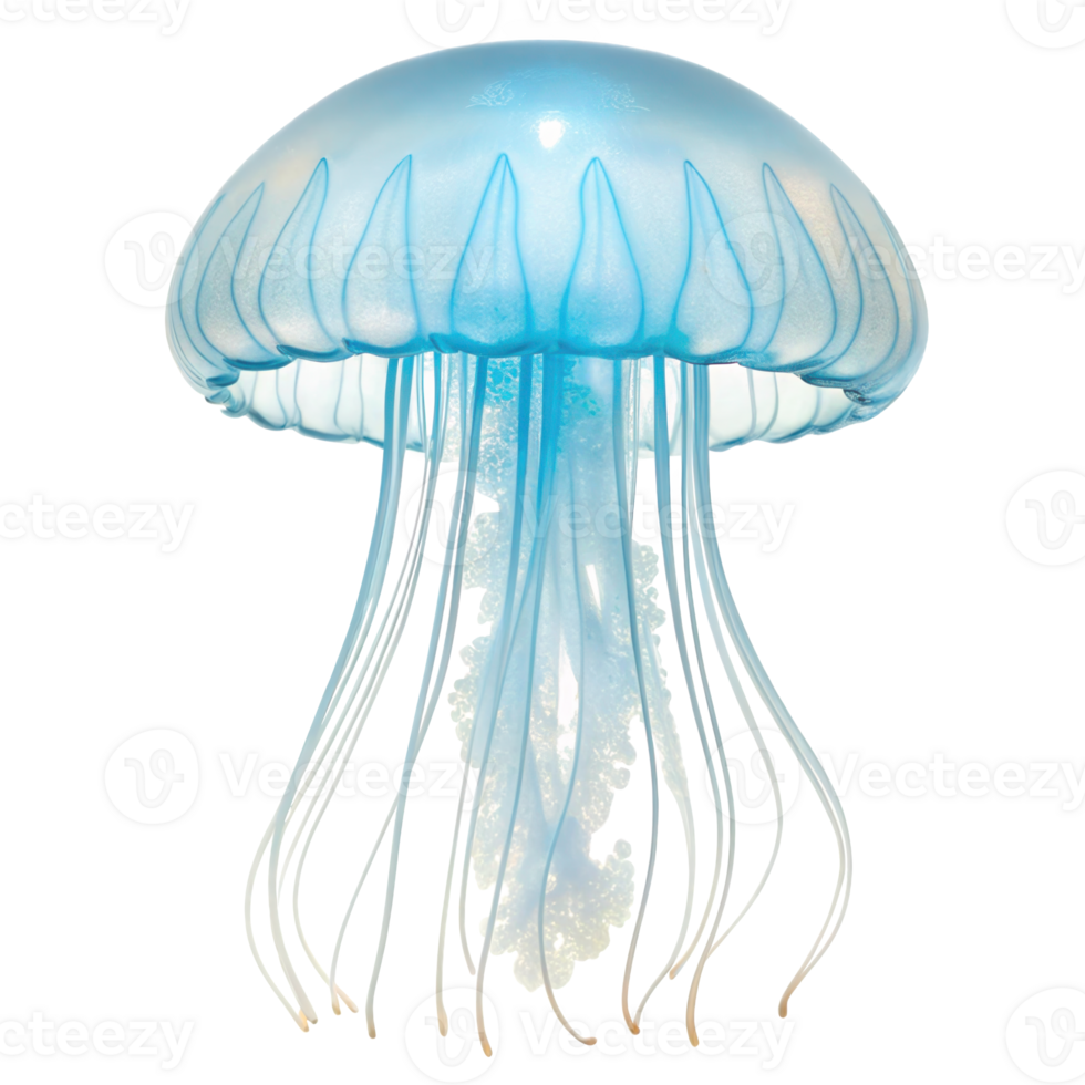 Bioluminescent jellyfish with transparent bell floating on transparent background png