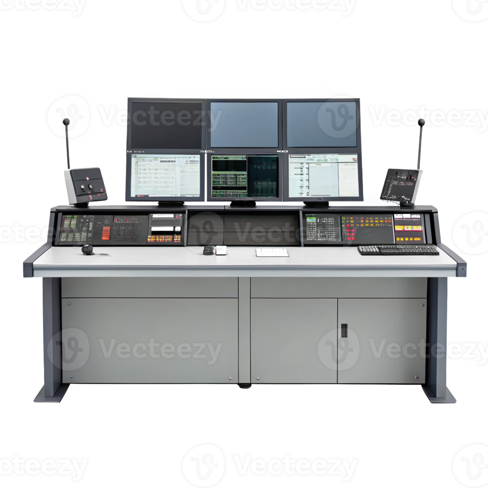 Air traffic control desk with multiple monitors on transparent background png