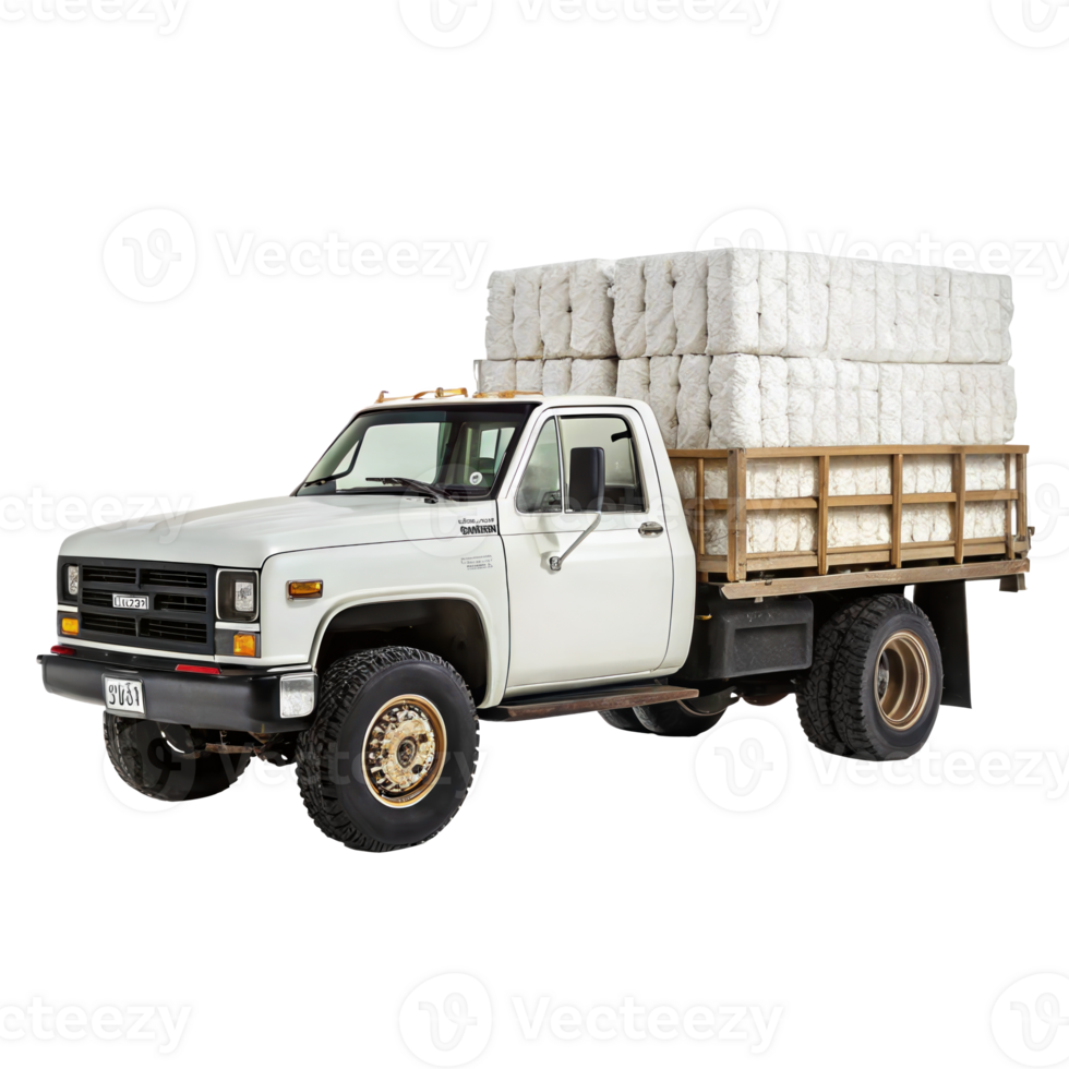 White pickup truck carrying modules of raw cotton on transparent background png