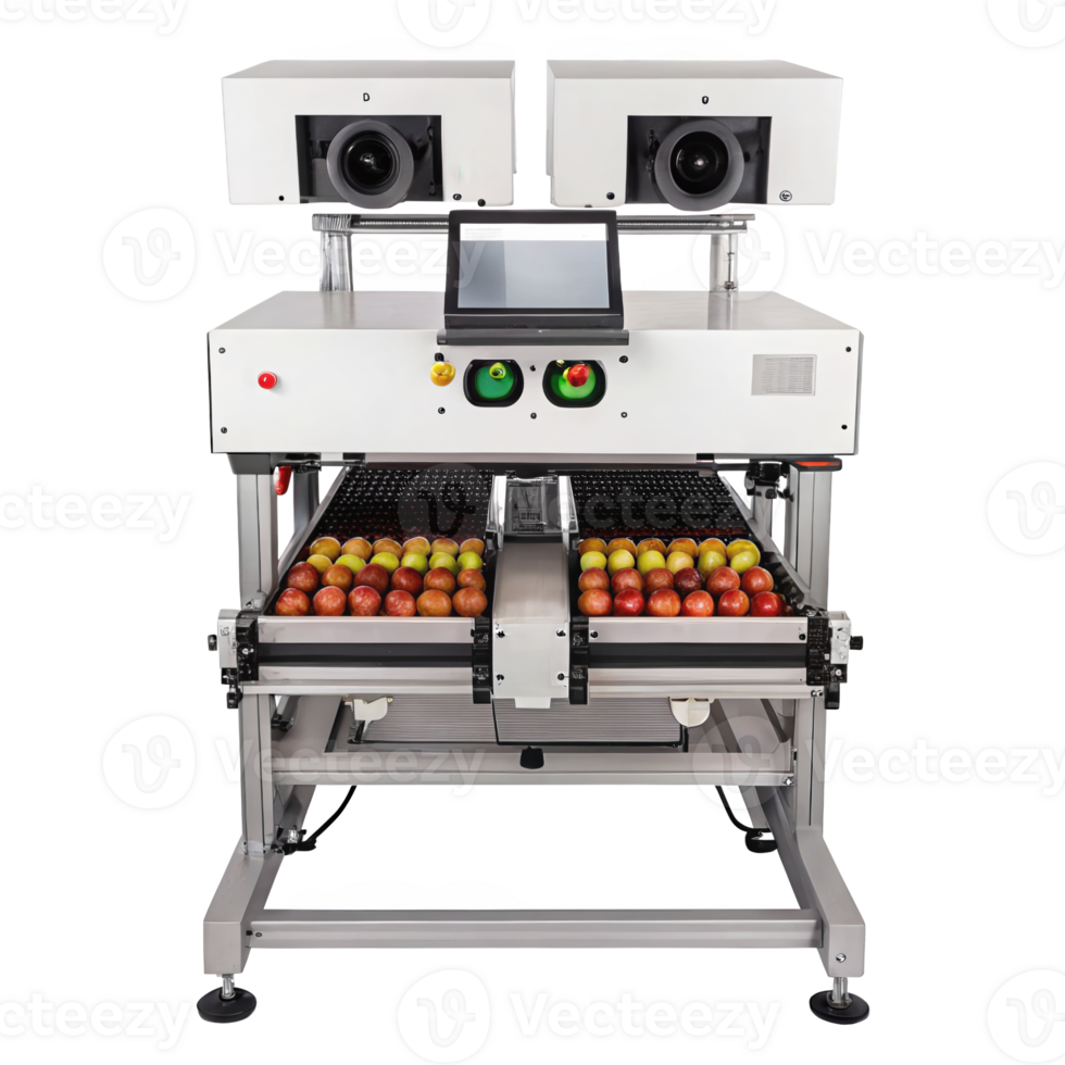 Optical fruit sorting machine calibrating and processing plum on transparent background png