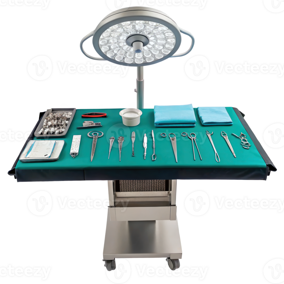 Veterinary operating table with surgical instruments and lamp on transparent background png