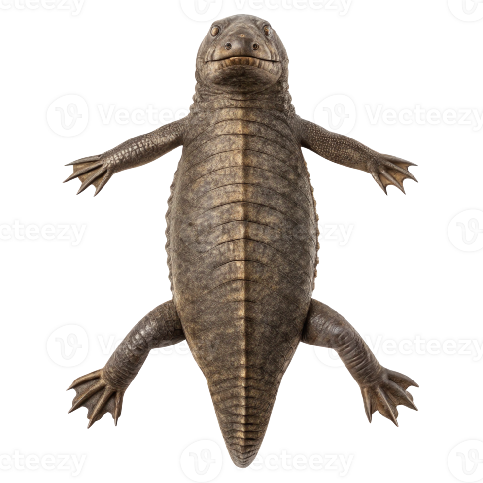 Ichthyostega, one of the first terrestrial vertebrates, shows its underside on transparent background png