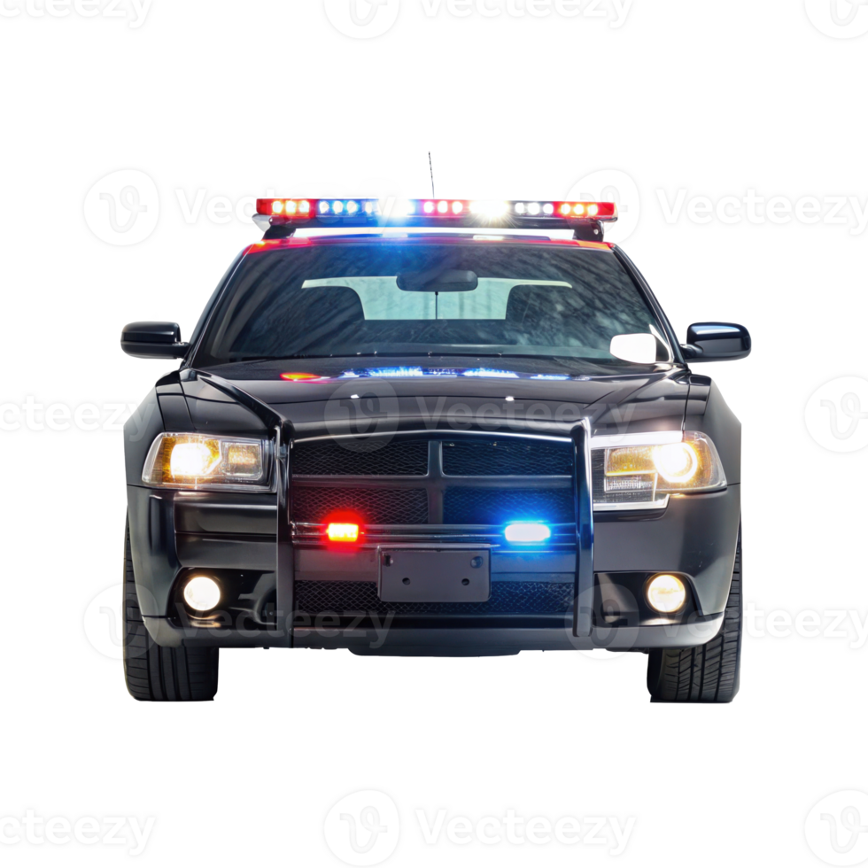 Black police cruiser with flashing lights on transparent background png