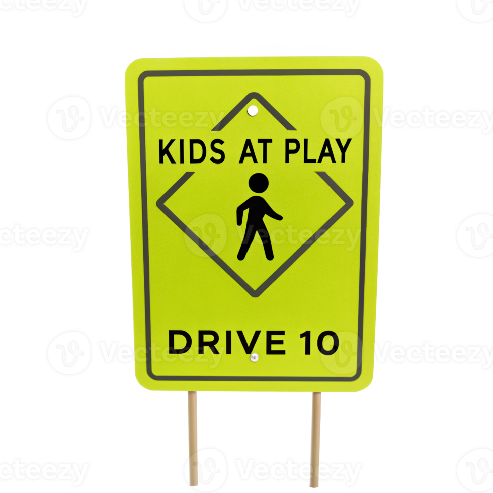 Fluorescent yellow kids at play sign recommending to drive 10 on transparent background png