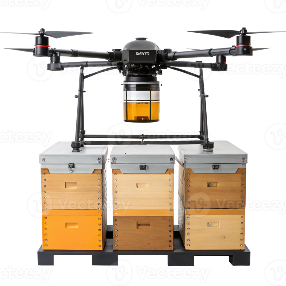 Drone managing robo hives with honeycomb on transparent background png