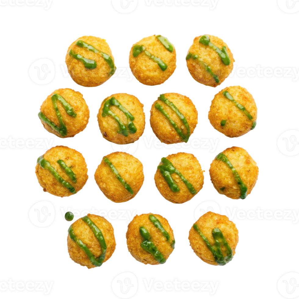 Fried plantain garlic mojo tots with green sauce on transparent background png