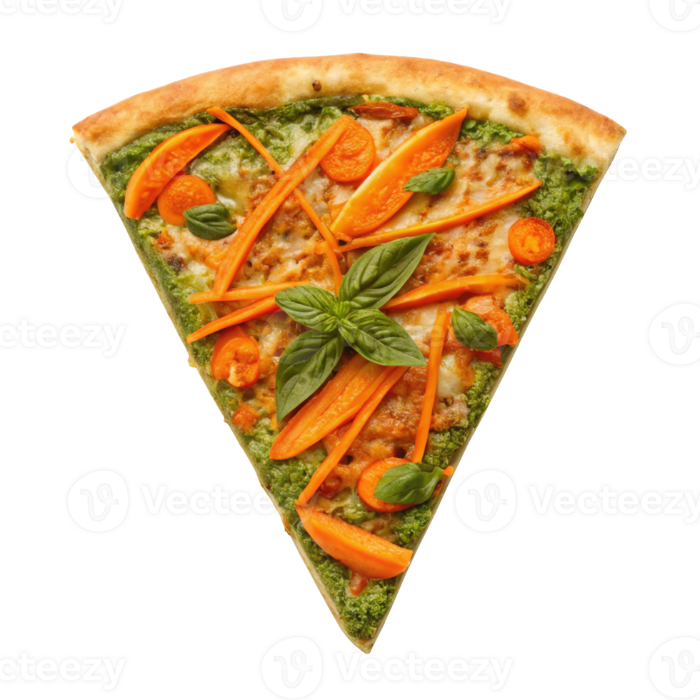 Slice of carrot top pesto pizza with root to leaf zero waste ingredients on transparent background png