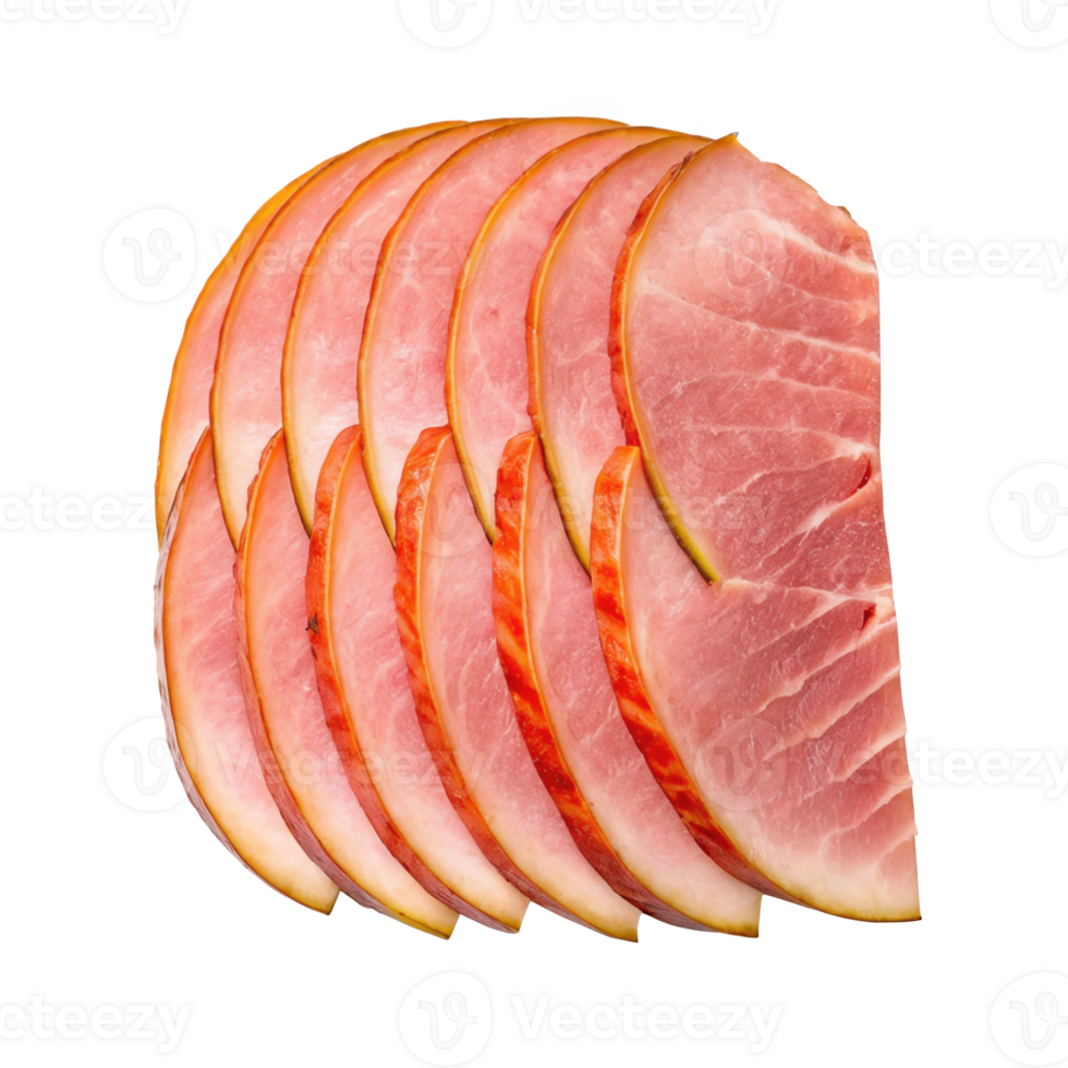 Sliced smoked watermelon ham showing pink meat and crust on transparent background png