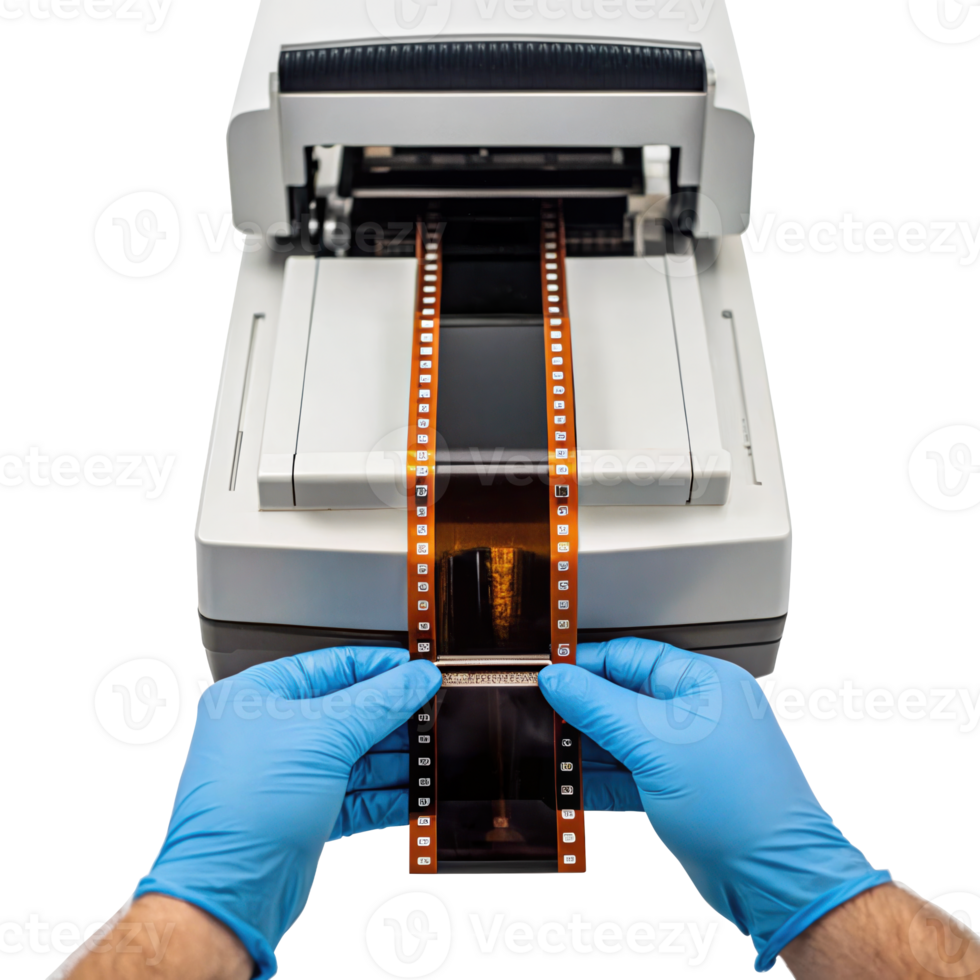 Technician inserting 35mm film into scanner on transparent background png