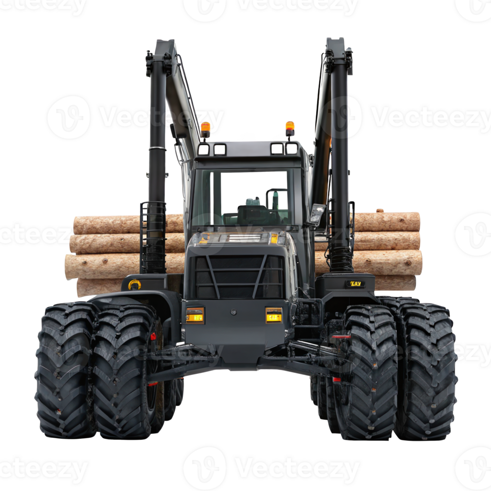 Eight wheel drive forwarder carrying logs on transparent background png
