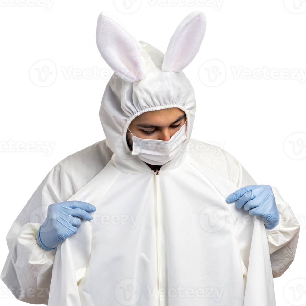 Scientist wearing bunny ears and protective suit checking hazmat suit on transparent background png