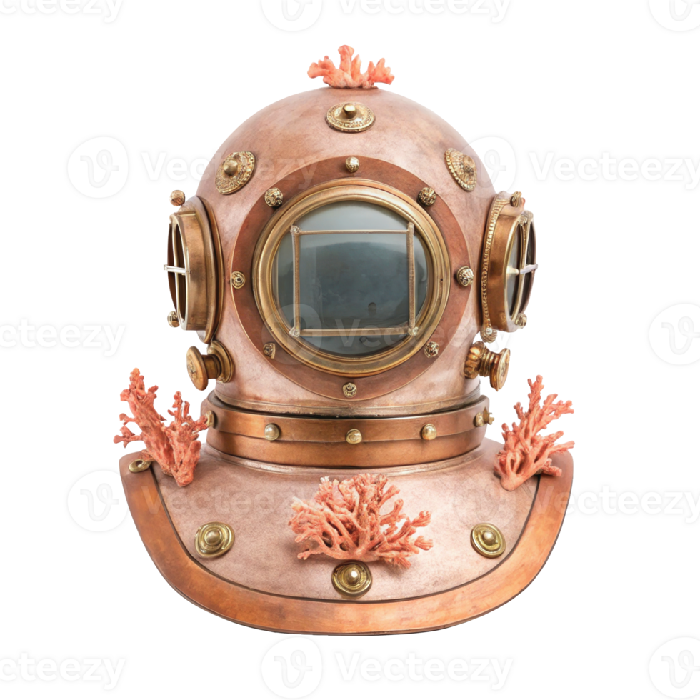 Vintage diving helmet with coral accents isolated on transparent background png