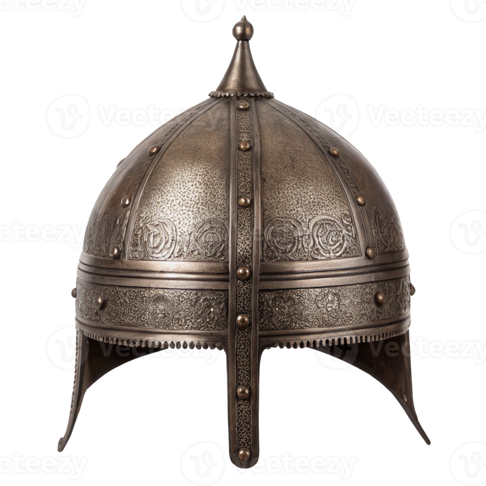 Indo persian khula khud helmet showing traditional metalwork on transparent background png