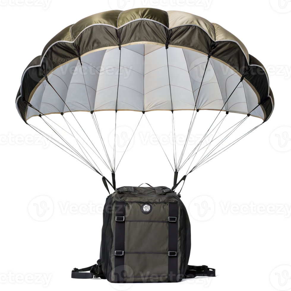 Green backpack with open parachute floating on transparent background png