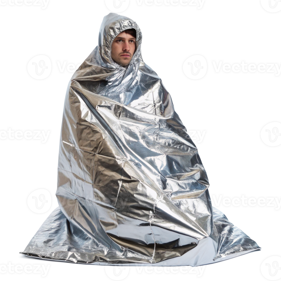 Man sitting covered with emergency blanket on transparent background png