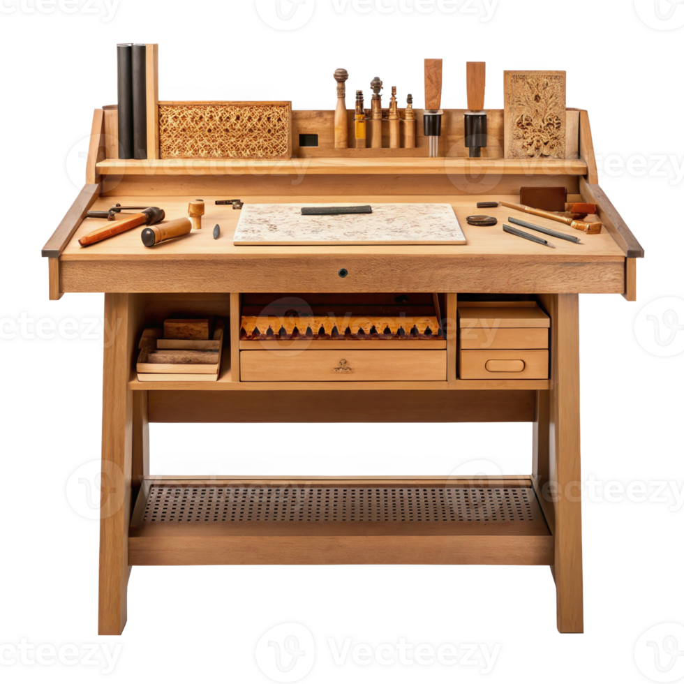 Luthier's workbench with carving tools and soundboard drawing, isolated on transparent background png