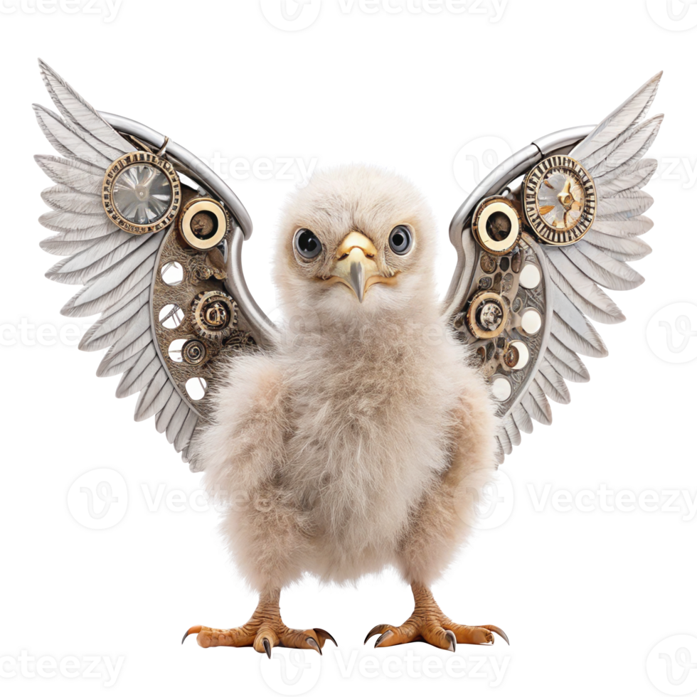 Mythic griffin hatchling stretching mechanical wings on transparent background png