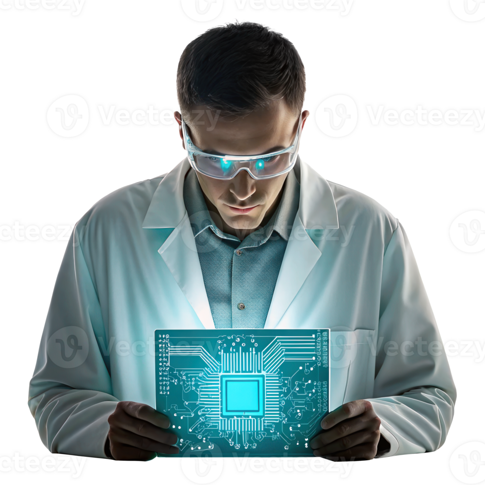 Engineer debugging holographic circuit board on transparent background png