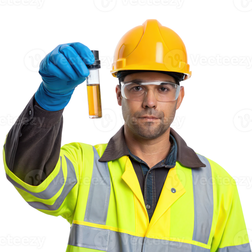 Engineer showing test tube with sample on transparent background png