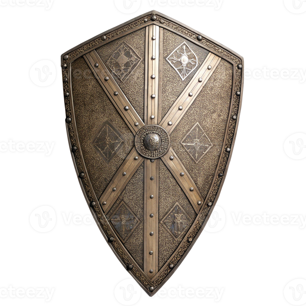 Medieval kite shield exhibiting ornate metalwork on transparent background png