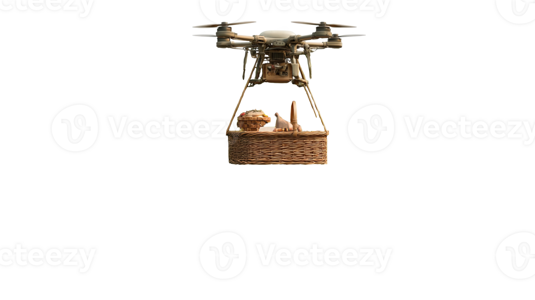 Drone delivering food in wicker basket on transparent background png