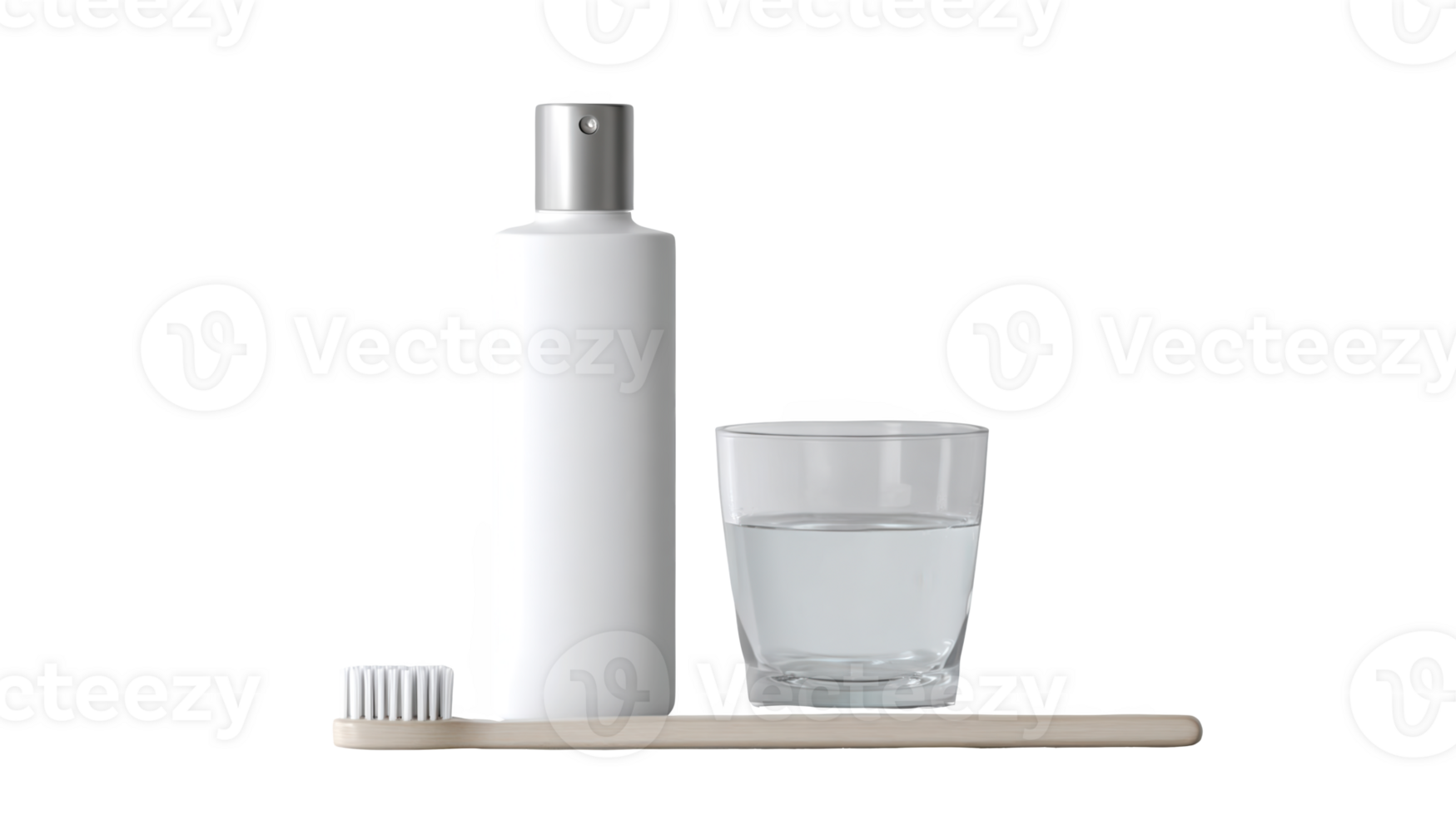Mouthwash, toothbrush and glass of water promoting oral hygiene on transparent background png