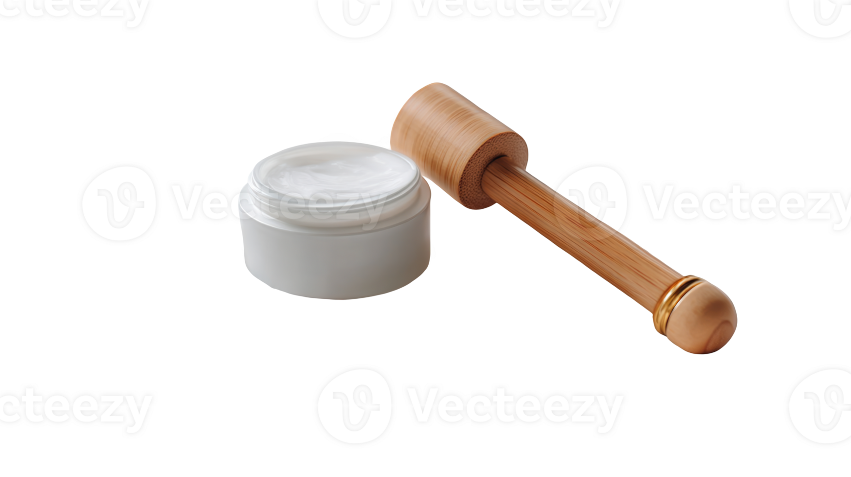 Wooden applicator lying near open jar of moisturizing cream on transparent background png