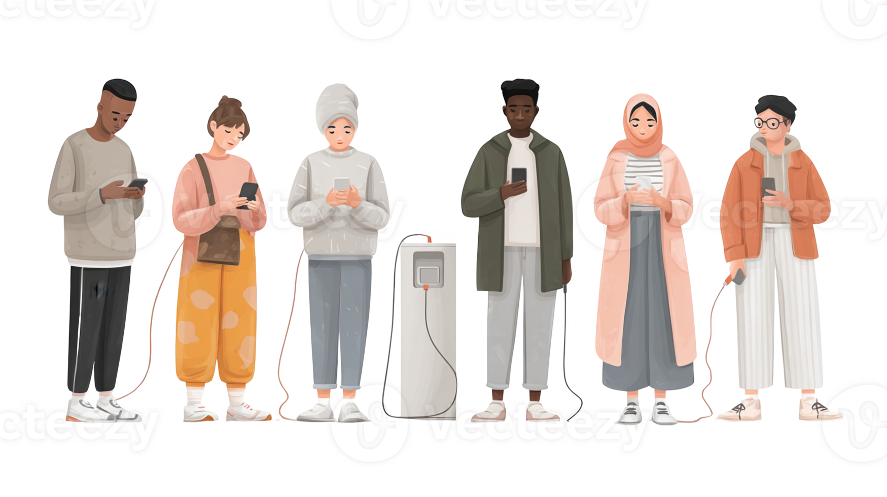 Diverse people charging smartphones and browsing internet on transparent background png