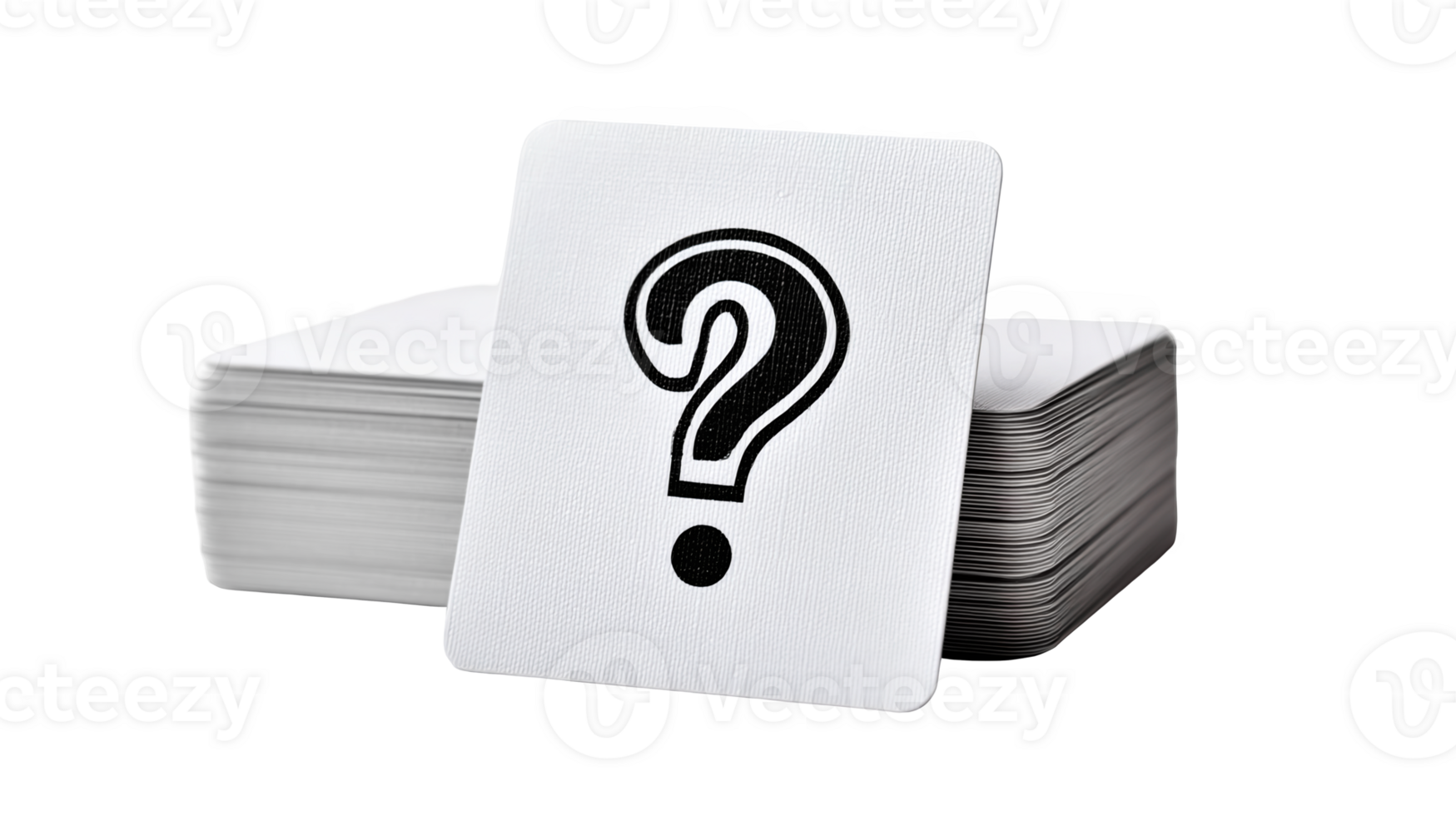 Flashcard showing question mark leaning on stack of cards with transparent background png