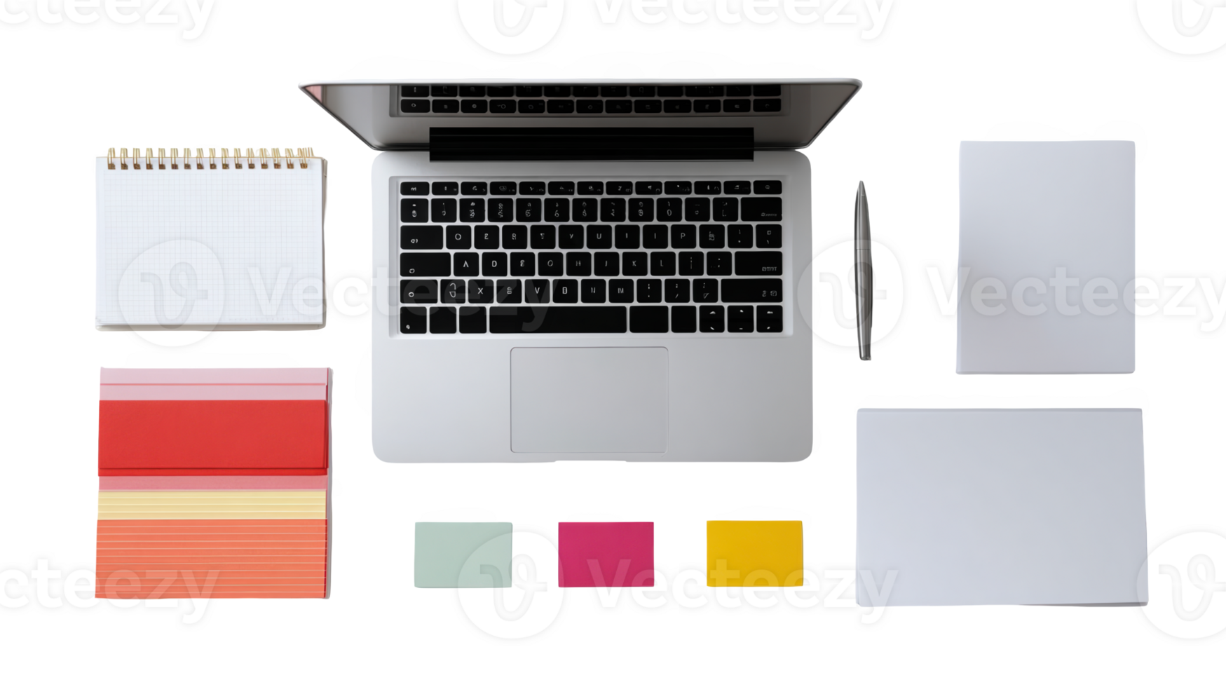 Laptop, notepad, pen, and sticky notes on transparent background for easy isolation png