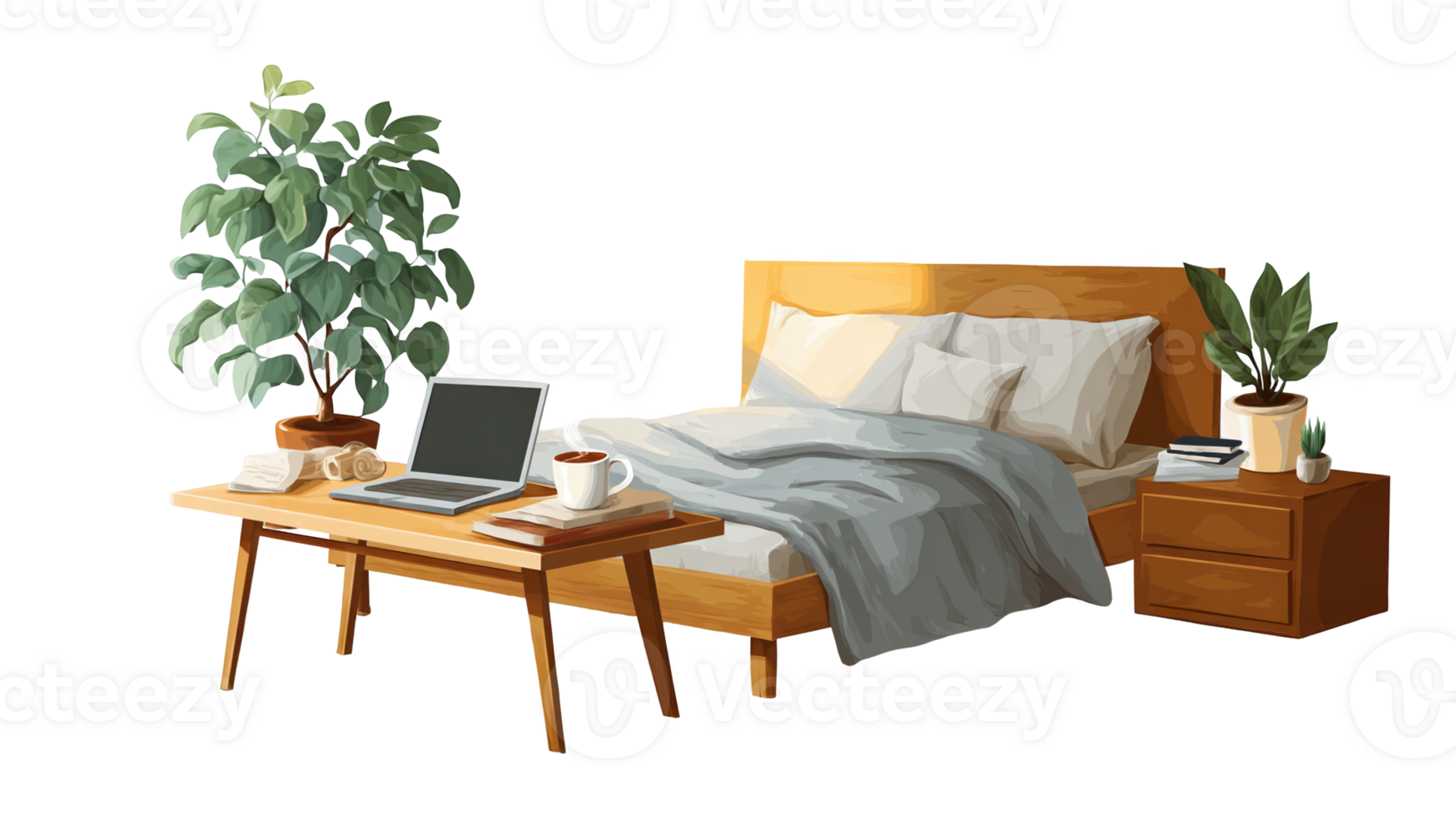 Inviting bedroom setting with work desk and plants on transparent background png