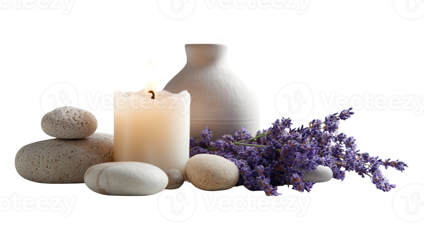 Burning candle, lavender flowers, stones and vase creating relaxing atmosphere on transparent background png