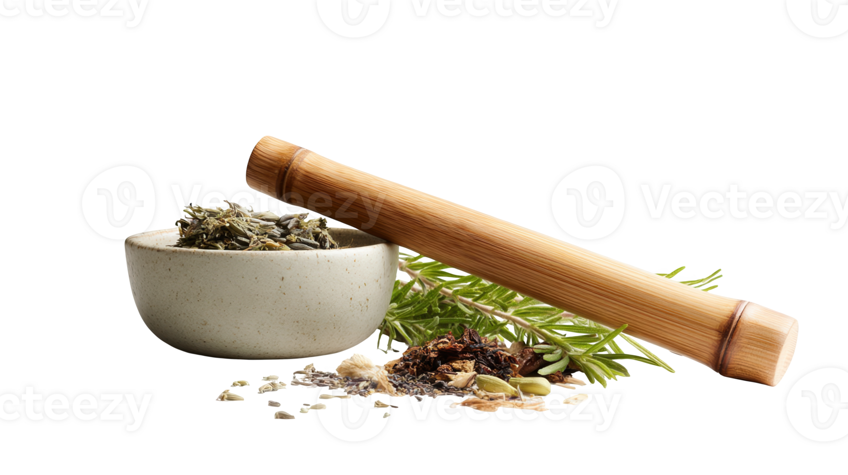 Bamboo muddler and mortar with dried herbs on transparent background png