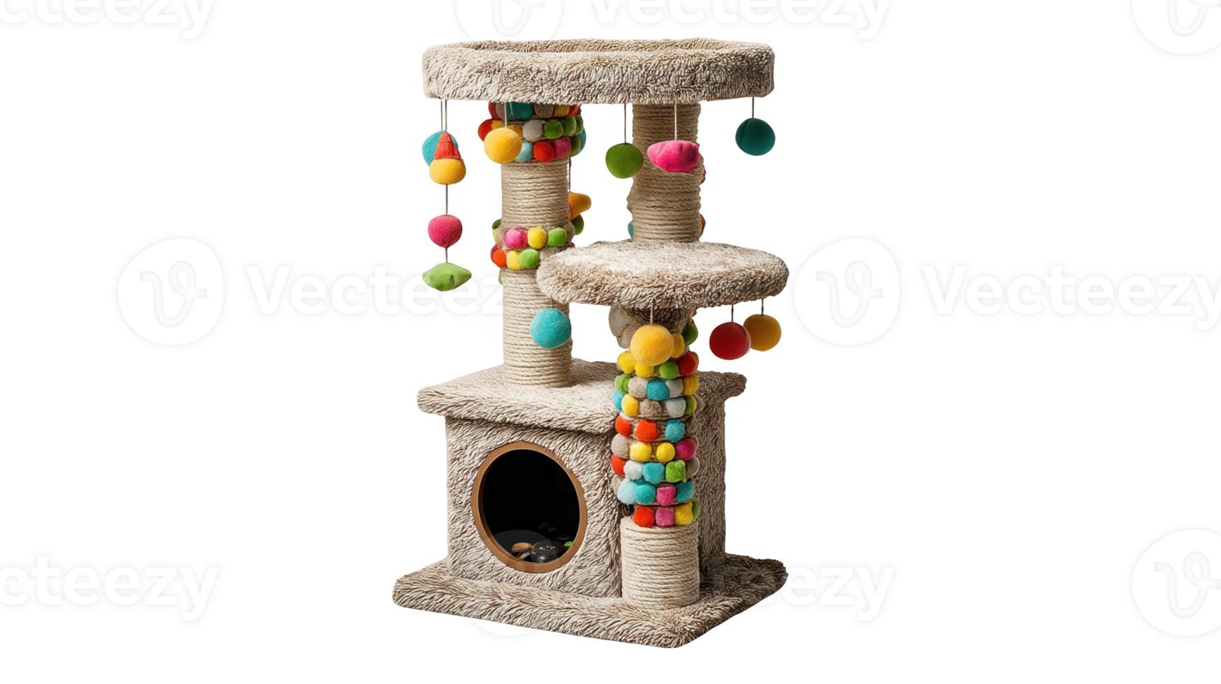 Textured cat climbing tower with colorful pom poms on transparent background png