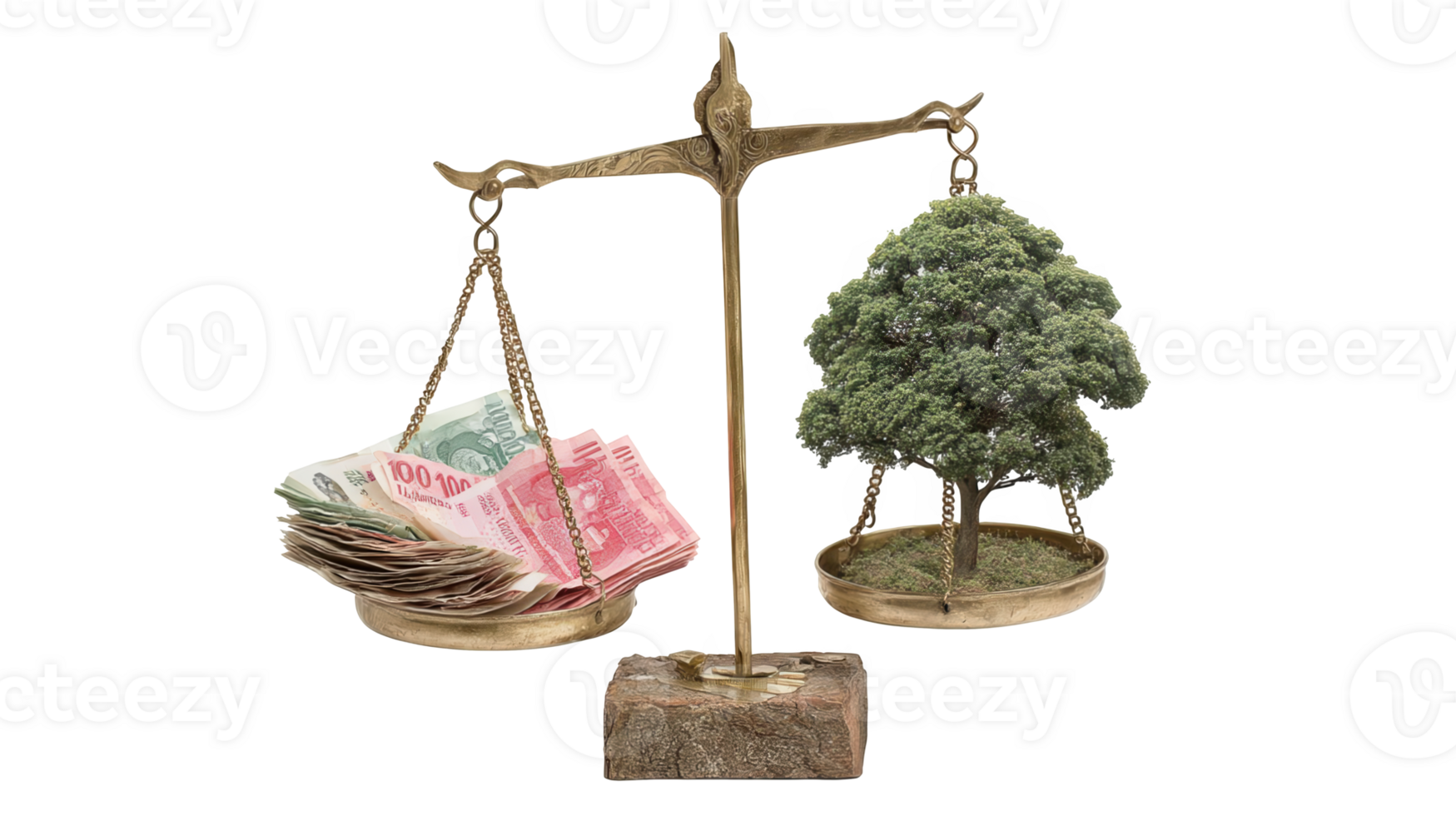Balancing money and nature, scales weighing cash and tree on transparent background png